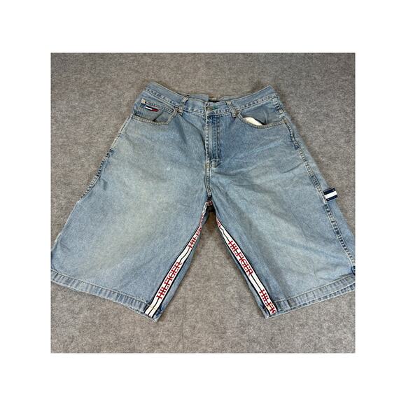 VINTAGE 90s Tommy Hilfiger Denim Shorts Mens Size 33 Blue Carpenter Baggy Jorts - Picture 1 of 6
